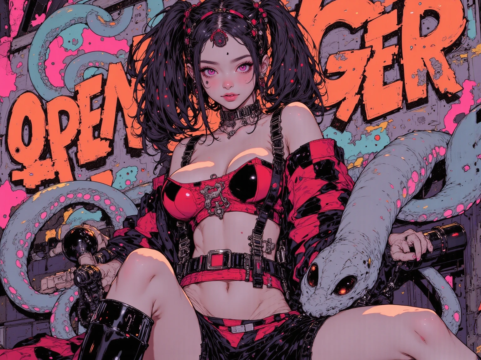((masterpiece, flat shading, flat colors)), Cinematic shot of lesbian sex orgy where 4 females penetrated by tentacles, ((tentacles on necks )), tentacles penetration, hands in panties, perfect bodies, (4 females attacked by tentacles), sexy