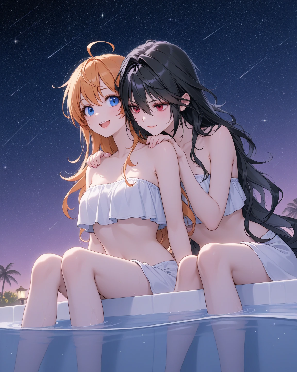This is a hot spring deep in the mountains at midnight.、You can see the night view of Lake Suwa in the background.、Fireworks and stars reflected on the lake、beautiful starry sky、A fireworks display is being held in the distance、Busty mother and small-breasted daughter relaxing in a hot spring、The two are father and son、They're naked、they are naked、I々can see their pink nipples、I can see pubic hair、They have a lot of pubic hair、beautiful nude body、R18 illustration、Eromanga、Erotic illustration、2D illustration、Japan anime、drawn by Japanese ilastrator、high resolution、4K quality、high quality、High resolution、5 million pixels、high detail、beautiful background