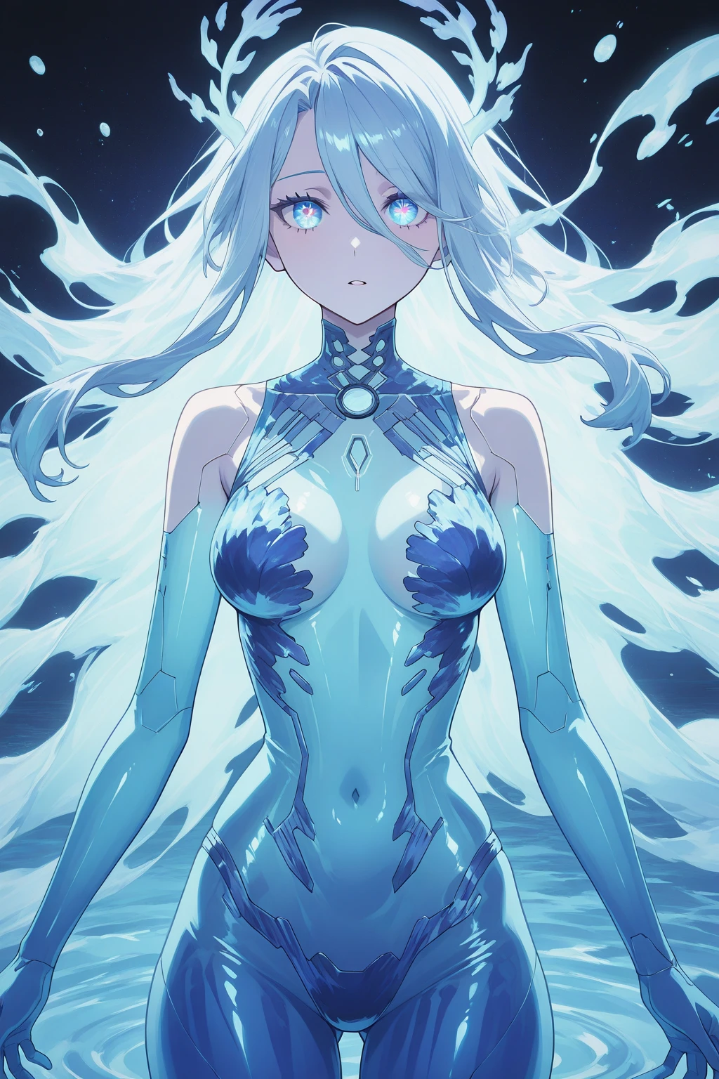 (masterpiece, best quality:1.2), extremely detailed, intricate details, finely detailed, soft lighting, volumetric lighting, (vanishing point), 1girl, close-up, looking up, arms up, huge breasts,muscular, muscular female, floating hair, (blunt bangs), bodysuit, red [underwater, ocean:space, galaxy:15], starry sky, clouds, glowing, bioluminescence, air bubble,