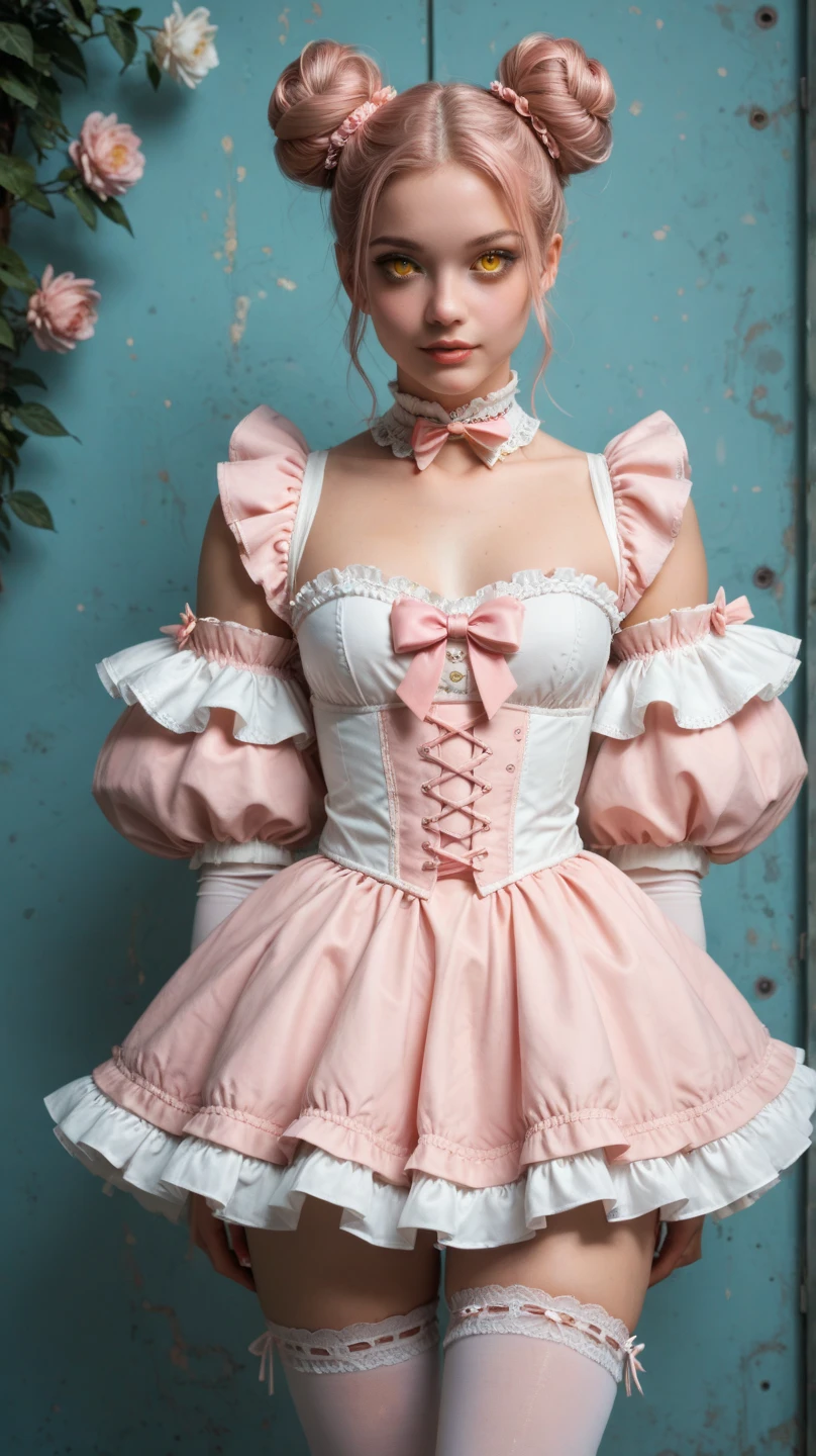 (nsfw), sexy stylish Swedish model, only 1 female, ((doll-like appearance)), short neon pink stylish hair, ((shiny Victorian-Style boots)), (big smile), ultra detailed eyes, vivid eye makeup, lip-gloss, long lashes, defined eyebrows, ((sexy Paradise Kiss cosplay)), bell-shaped skirt, petticoats, high neckline, puffed sleeves, ((ultra detailed lace)), ((ultra detailed embroidery)), intricate details, Paradise Kiss accessoires and matching headpiece, choker, ((large sparkling Paradise Kiss jewelry)), cinematic light, detailed large park background with trees