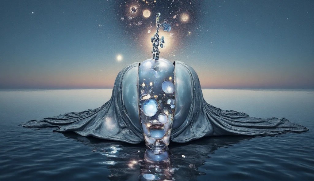 fcglwCE_style,cut-out,open head,Faceless head made by cloud sky lying down horizontally insida a landscape of a face of water, cosmos above, mirroed horizon, surreal photorealistic, stairs to above