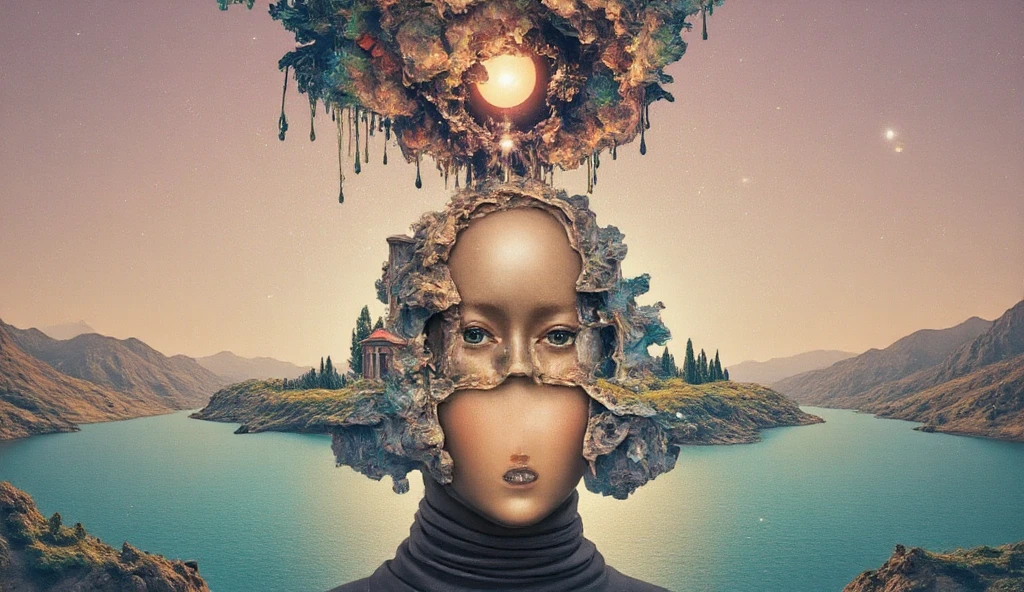 fcglwCE_style,cut-out,open head,Faceless head made by cloud sky lying down horizontally insida a landscape of a face of water, cosmos above, mirroed horizon, surreal photorealistic, stairs to above