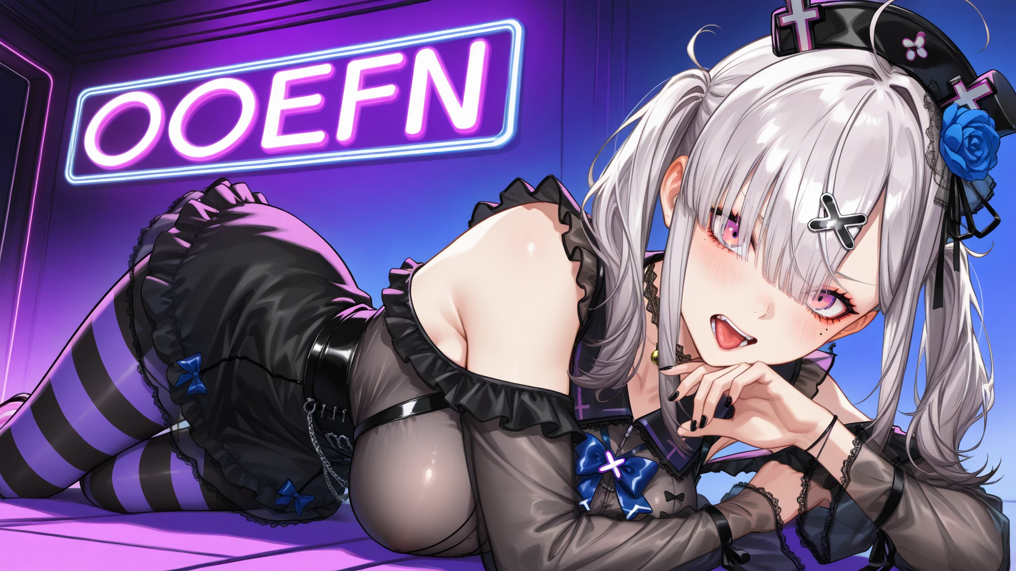 Red eyes, black cat ears, white hair, white stockings