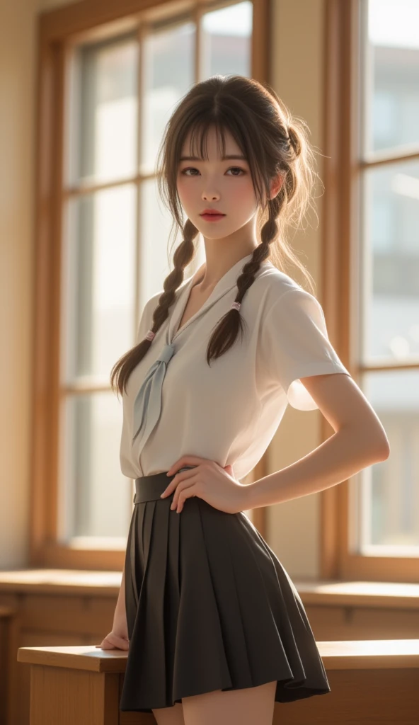 Beautiful young Ellen, cotton shirt, pleated skirt, dark tights, Uwabaki, from The Last of Us part 1, game, hyperrealistic, 14 years old, model body, small breasts, beautiful breasts, long hair, braided hair, long legs , 8k, detailed scenery, classroom in Korea, sunlight sun, ambient lighting