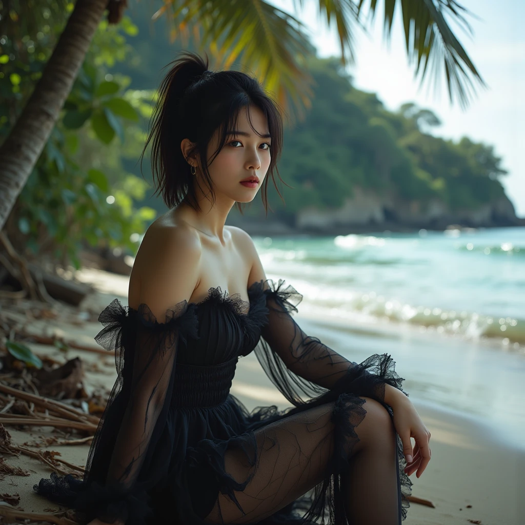 ((best quality)), ((masterpiece)), (detailed), hyper-realistic portrait of a majestic young woman in her mid-20s, exuding confidence. Adorn her in a flowing purple and gold dress, intricately detailed and elegant. Let the backdrop showcase a black sand beach bathed in the soft glow of night. Scatter blurry bokeh lights in the distance for an ethereal depth, and whisper hints of starlight across the vastness. To further enhance the scene, capture a subtle wave gently crashing on the shore, adding a touch of movement and dynamism.