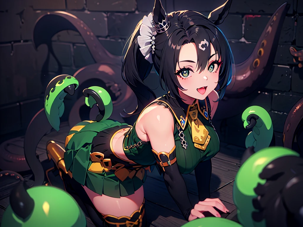 Little girl, standing in front of the dragon statue, holding fan, glaze expression, wearing a green China short dress, heels, Beautiful eyes, perfect face, close up, volt effect, volt particle, outdoor, masterpiece