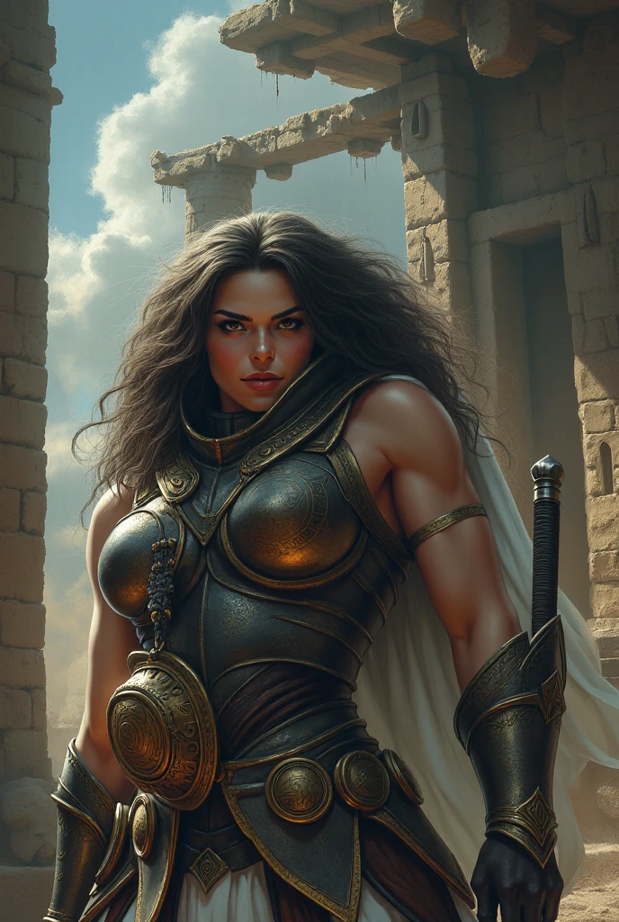 A fierce, regal portrait of a Latina-coded warrior princess. She has chestnut brown hair flowing around her shoulders, mocha-toned, muscle toned skin, and intense brown eyes that burn with determination. Her expression is proud and defiant, her posture strong. She wears elegant, earthy-toned royal armor with subtle engravings of vines and flames. A faint scar on her cheek hints at past battles. The background is abstract, with warm tones of amber and rust, evoking fire and earth. Painterly, realistic style with dramatic lighting and rich textures.