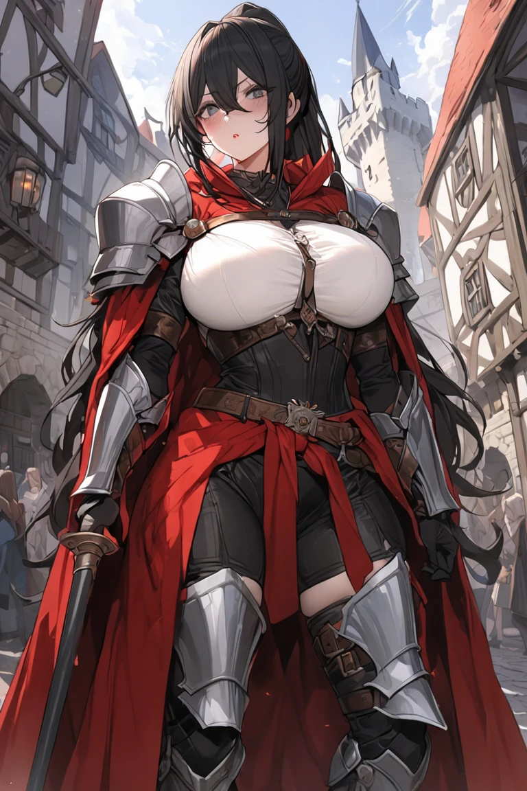 Medieval female warrior (Billie Eilish face), beautiful face, armor(black and red), athletic physique, big round breasts, exposed thighs, round Buttocks, long black hair tied, light blue eyes, freckles on her face, destroyed village