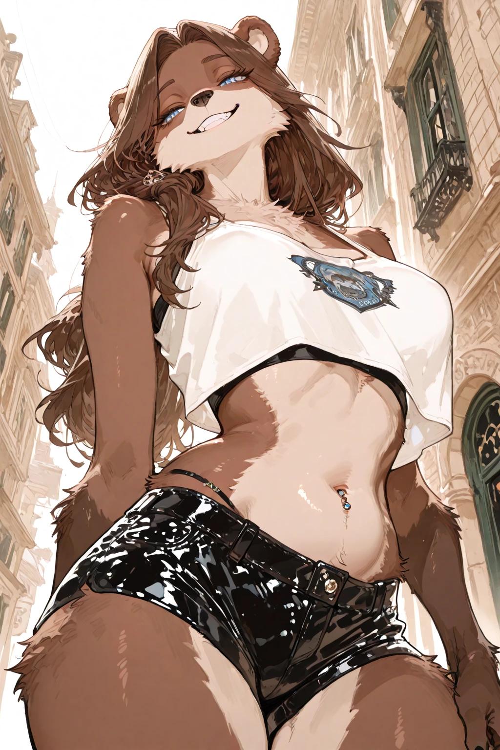 ((1girl)), one beautiful girl, detailed beautiful hair, detailed beautiful eyes, long brown hair, glasses, white bikini top, jean shorts, standing, dramatic pose, cowboy shot, cinematic lighting, dramatic lighting,