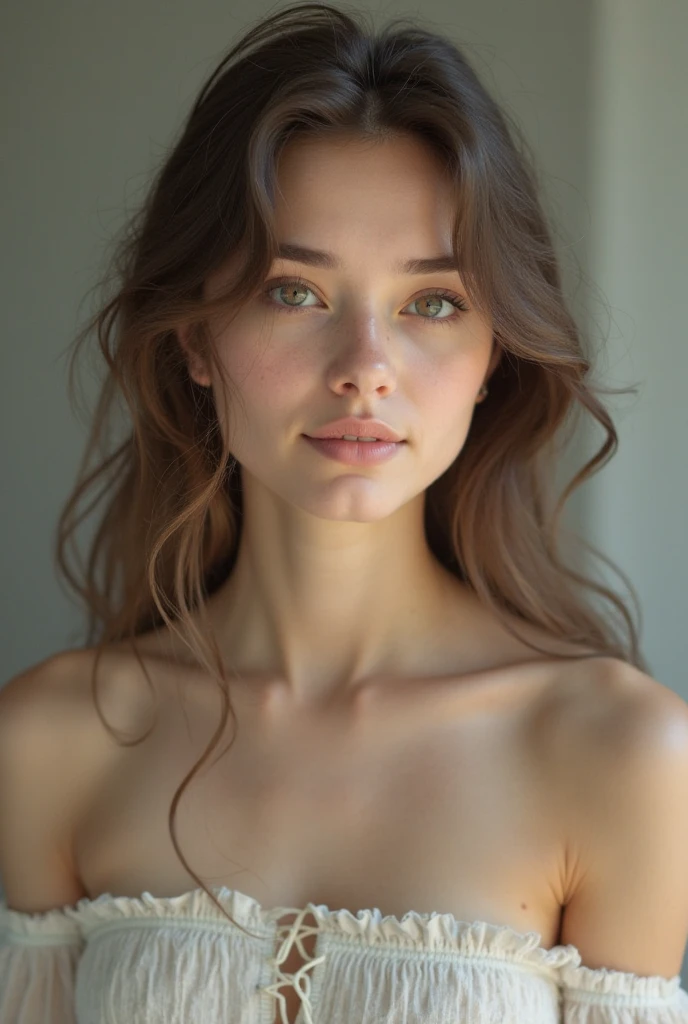 A photorealistic portrait of a woman with symmetrical features, a soft smile, and piercing eyes. Her skin is flawless, her hair flows gracefully, and she has a timeless elegance.