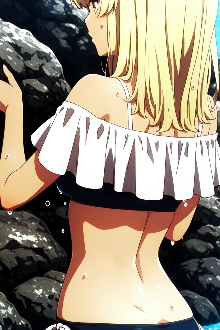 (adult body), tall womam, long legs, beach, on a beach, masterpiece, best quality, highly detailed eyes, glowing blue eyes, high definition, highly detailed skin, perfect shadows, (two angle vision, front and back), (back view:1.4), (front view:1.4), adult face, adult body, aot style, shingeki no kyojin, christa reinz, historia reiss, blue eyes, long hair, (1girl:1.4), (solo), arm strap, (((long hair))), (((loose hair))), blonde hair, breasts, cowboy shot, embers, grey background, hair between eyes, harness, looking at viewer, medium breasts, solo, thigh strap, ((masterpiece)), best quality, bikini, ((white micro bikini:1.4)), (((big butt))), (((huge butt))), (((tight bikini))), no shirt, no pants, no shorts, wet, wet skin, wet micro bikini, perfect butt, high quality butt, (wet micro bikini:1.4), (transparent micro bikini:1.4), big butt, (((see through bikini))),