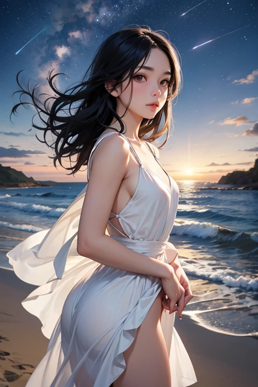 Beautif
Model: Plugins
•
Enabled plugins:
Photorealistic logo
User
Based on the detailed description provided, here's a prompt in English:
"A breathtakingly beautiful Japanese woman standing on a sandy beach bathed in the dazzling light of the morning sun. The golden rays of the sun slowly illuminate the calm sea, making the beach glisten as if dusted with gold. The distant cries of seagulls can be heard, and a salty breeze brushes against the skin.
In this landscape stands a woman. Her long black hair sways in the wind, and her deep brown eyes reflect the morning sun, sparkling with life. Her skin glows softly in the light, and her white yukata accentuates her beautiful figure. She stands quietly, gazing at the sea, her expression serene, filled with the tranquility and anticipation of the dawn of a new day."
ChatGPT
Used Photorealistic
Based on the detailed instructions provided, here are two prompts for the Midjourney AI art generator:
📸 Capture a breathtakingly beautiful Japanese woman standing on a sandy beach bathed in the dazzling light of the morning sun. The scene should be rendered in hyper-realistic detail, with a high-resolution 16k quality. The golden rays of the sun should slowly illuminate the calm sea, making the beach glisten as if dusted with gold. The woman's long black hair should sway in the wind, and her deep brown eyes should reflect the morning sun, sparkling with life. Her skin should glow softly in the light, and her white yukata should accentuate her beautiful figure. She should stand quietly, gazing at the sea, her expression serene, filled with the tranquility and anticipation of the dawn of a new day. Use a Canon EOS 5D Mark IV DSLR camera with an EF 50mm f/1.8 STM lens for this shot. The ISO sensitivity should be set to 100, with a shutter speed of 1/125. The lighting should be natural, with a diffuse back-lighting effect.