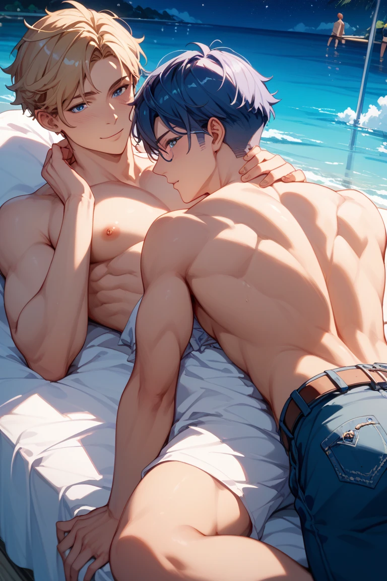 Two anime boys lying on the bed with rose petals, wet bodys, bed, without any clothing except underwear, high quality fanart, hot expression, Beast, at pixiv, official fanart, pixiv, detailed fanart, relaxing, levi ackerman, in in the bedroom, relaxing environment, relaxing mood, by Shingei, anime asthetic, relaxing concept art, two wet anime boys, with rose petals on the bed, beautiful atmosphere, two hot anime boys, cute, beautiful body art, hot pose, beautiful, pretty faces, cute pretty faces, big cute eyes, beautiful expressionthe, hot poses 