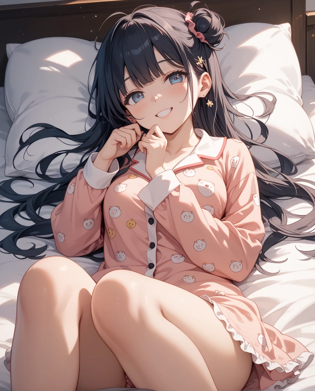 masterpiece,best quality,highres,ultra-detailed,ccerika,blue hair,long hair,heart,heart brooch,yellow bowtie,dress,(blue shirt:1.2),long sleeves,white sleeves,white skirt,frills,socks,(white socks:1.2),<lora:kurumi_erika:0.8>,indoors,sitting,bed,blush,(embarrass:1.2),night,