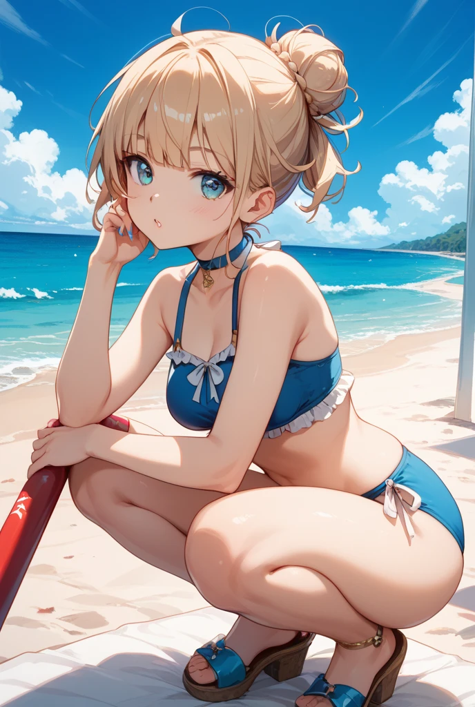 gonzarez, masterpiece, Serenaj, 1girl, solo,bikini ,blue eyes, open mouth, blonde hair, outdoor, looking at viewers, day, sky, beach, lay on sand