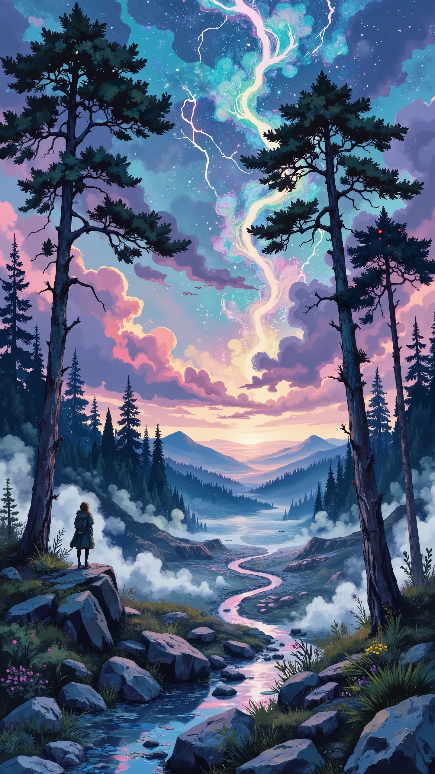 A serene, mystical forest landscape at night. A lone figure standing among tall pines looks up at the bright, star-studded sky filled with iridescent pink, purple and blue colors. The silhouettes of the trees stand out clearly against the colorful sky background. The landscape is a mix of rocky outcrops, a winding stream reflecting the shades of the sky, and a dense forest. Soft, diffused light floods the stage, creating a dreamy, ethereal glow. The color palette is bright, but at the same time restrained, with deep blues, bright pinks and purples fading smoothly into the sky. The figure is depicted as a silhouette, so the details are not quite distinguishable, but there is a sense of calm and contemplation. The composition is balanced, the figure is positioned in the center, directing the viewer's gaze upward to the impressive sky. The view opens from ground level, which creates a sense of scale and immersion. Textured rocks and a stream add depth and realism to the landscape. The style is reminiscent of fantasy art and digital painting, and the soft brush strokes create a fabulous atmosphere. The atmosphere is peaceful, inspiring and awe-inspiring, with a sense of wonder and magic. The overall impression is a breathtaking, otherworldly sight. Heavenly images, fantastic landscapes, digital paintings, a fabulous spectacle.