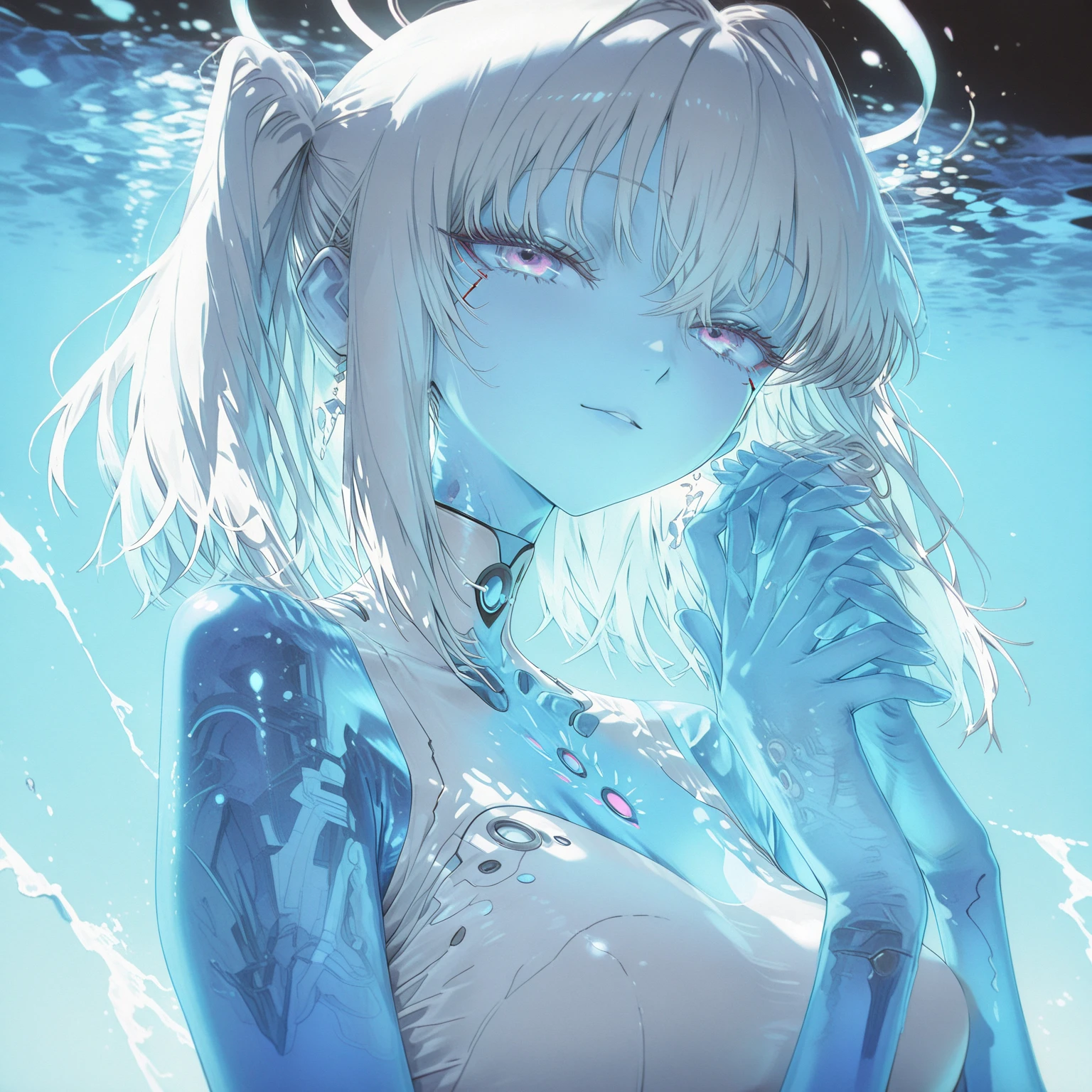 masterpiece, best quality,a translucent girl made of water,moon,nude,expressionless,1girl, solo, (liquid hair:1.1),long hair,white hair, waves,  water,  water drop,lying
