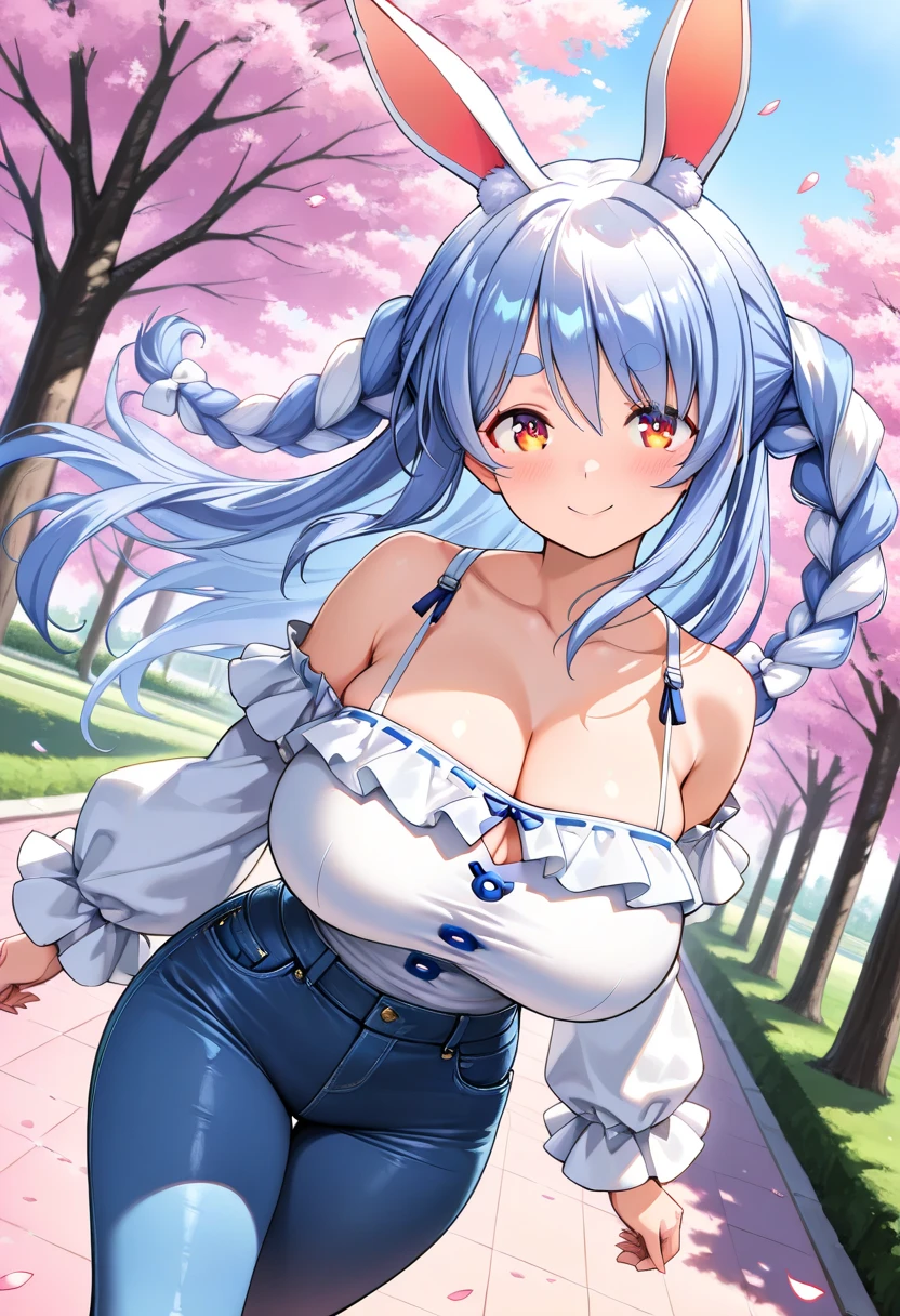 Aqua, konosuba, light blue hair , blue eyes, field background, Sakura tree background, chubby curvy body, large breast, ((white skirt)), ((topless)) ,forward bend , hanging breast, ((semi naked)), bend over, leaning forward, hand adjusting hairs,