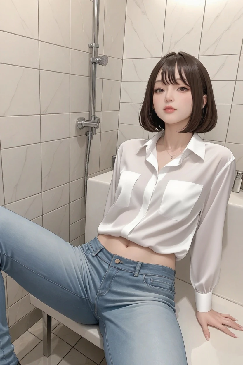 Highest quality、Figures、sexly、slender、Navy open front polo shirt、sexly非常に詳細、Fine details、Slim Body、slender、Japanese Girls、High resolution、8K、wallpaper、Perfect dynamic composition、Beautiful fine details、Short Bob Hair、Pink hair color、Big natural color lip、なsexlyポーズ、smile、Cold Stare、 year old girl、Cute、Lolita、Good eyesight、whole body、Pink Wall