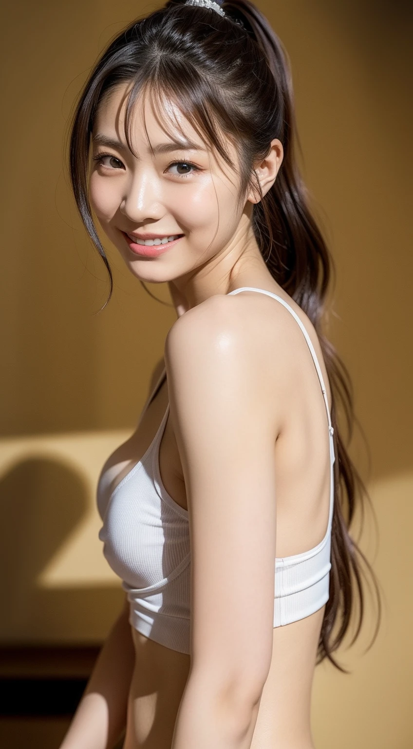 Highest quality, masterpiece, Ultra-high resolution,8k, (Realistic:1.6), ((Smiling widely with his mouth wide open and showing his teeth:1.6)),(Close-up portrait:1.4) RAW Photos,((Omotesando Station))、 ((Off-the-shoulder baseball shirt,Pleated mini skirt)),((Soft looking breasts,Nipples seem to be visible)),((Full body photo)),1 person,A slim 26-year-old adult woman,((Ponytail and cap)),((NEWERA Cap)),((Looking up at the audience)),Face Focus:1.4,((Photographed from above with a fisheye lens:1.4)),