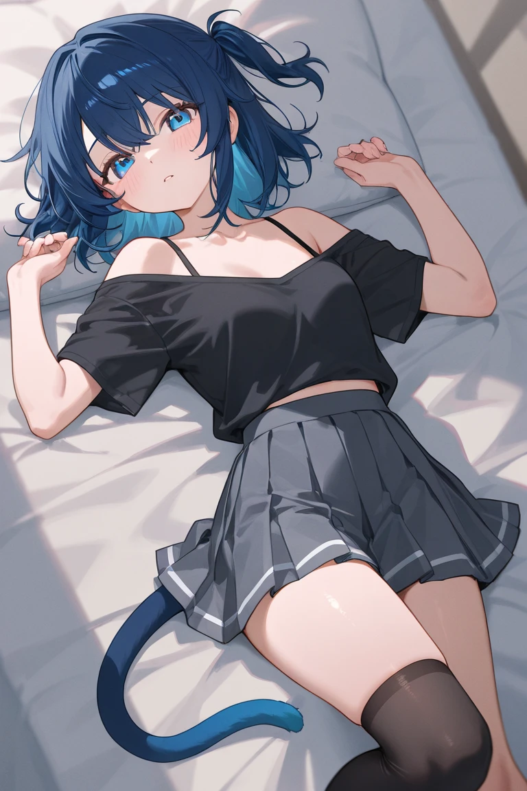 Mitsukai Skull,（skirt lift1.5）, showing panties, （blush）,Embarrassed,bed,Black underwear