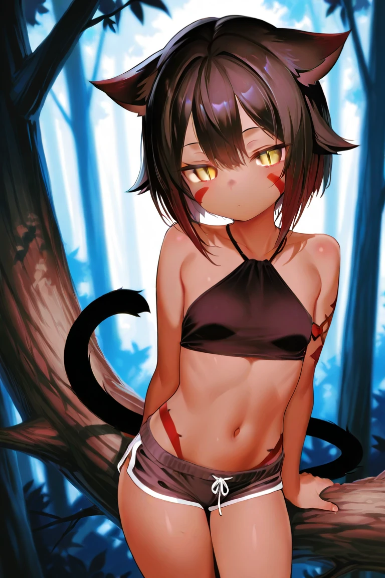 score_9,score_8_up,score_7_up, source_cartoon, source_furry, furry girl, wolf, black hair, punk hairstyle, huge long spiky ponytail, anime style, small breasts, red eyes, makeup, eyeshadows, ((deep red bikini ruffled triangle, high cut bottom, star necklace, beach sarong with shooting stars on hips)), high quality, detailed body, detailed eyes, detailed face, masterpiece, glistening body, detailed body fur, best quality, two tone body, gray fur, clear gray fur, perfect lighting, perfect shadows, perfect eyes, perfect hair, perfect face, gorgeous body, skinny, wearing blue bandeau, brown short shorts, brown boots, leather straps accessories, holding two knives, Naruto running, running towards viewer, angry expression, glowing blue eyes, outdoors, from above, dynamic action shot, speed lines, motion blur, hands behind back, Birds Eye view