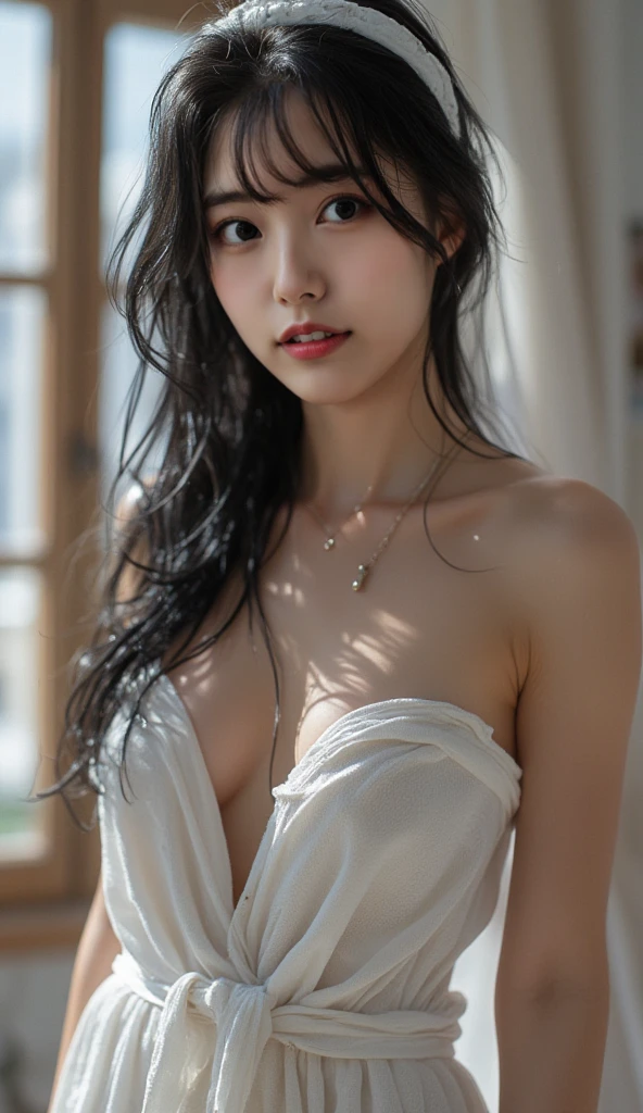 A Korean women model, epitomizing cuteness and perfection, poses Seductively in a steaming shower room. Draped in a pristine white shirt, several buttons carefully undone, revealing a tantalizing glimpse of her flawless body. A professional fashion photographer captures the scene with skilled precision, emphasizing the model's every curve. The image is rendered in a hyper-realistic style, with an attention to detail that is almost palpable. The ambient lighting creates soft shadows that dance across her skin, enhancing the allure of the moment. The styling is sleek and contemporary, capturing the essence of high fashion. The model's raven-black hair casc
