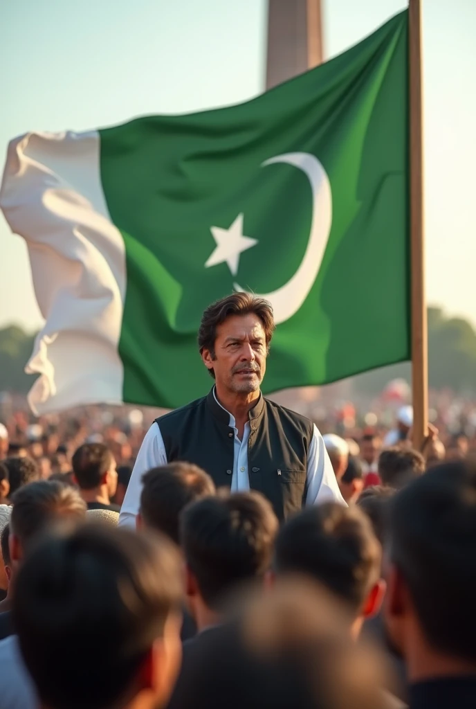 Imran Khan with smail Pakistani flag on santer of millions of people like