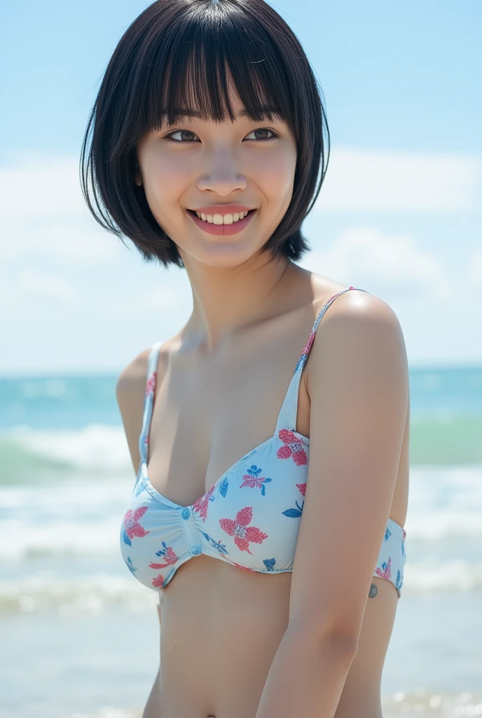((from below:1.5)), ((whole body:1.5)), (ultra detailed), (masterpiece), (best quality), Highest quality, Realistic, Surreal, Highest quality, Extremely detailed CG, Very delicate, 16K wallpaper, High resolution, 1 Girl, 43歳の日本people女性, (small eyes:1.5), ((Thin lips)), ((Two very small moles on my right cheek:1.5)), (Skin dents), Medium Chest, BREAK (Beach at night:1.5), people々, (Beautiful straight medium length hair:1.5), (bangs:1.5), (stylish floral bikini:1.5), (I wore it:0.8), Nice, bloom, Floating Hair, (Dynamic pose:0.6), BREAK ((in the night:1.5)), Beautiful night sky, (Shy Smile:1.2), Thin lips, slim, (Highly detailed face), (Highly detailed facial expressions), (Face the front completely:1.5), ((Looking into the camera:1.5)), Slender body, Large file size,
