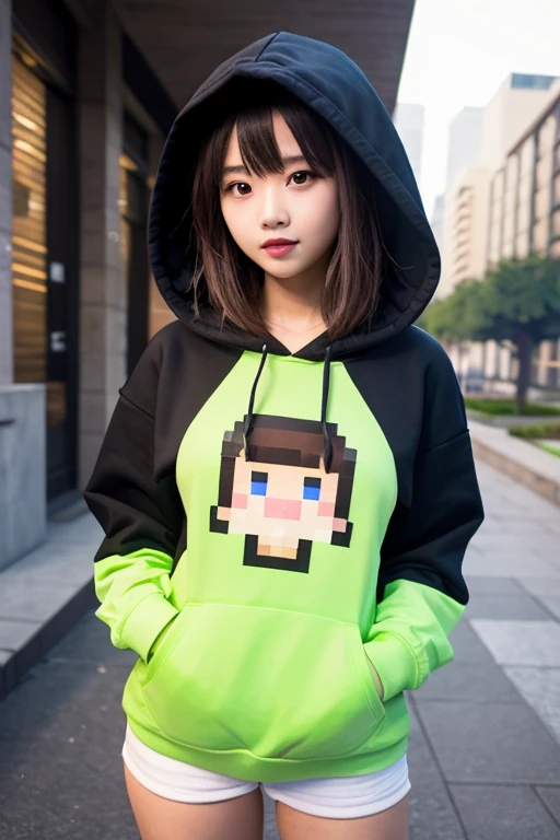 A 11 years old girl sit in a chair and sketching smthng, she wear a headphone, she love minecraft so see wear a minecraft creeper's T-shirt. (Type:anime) 