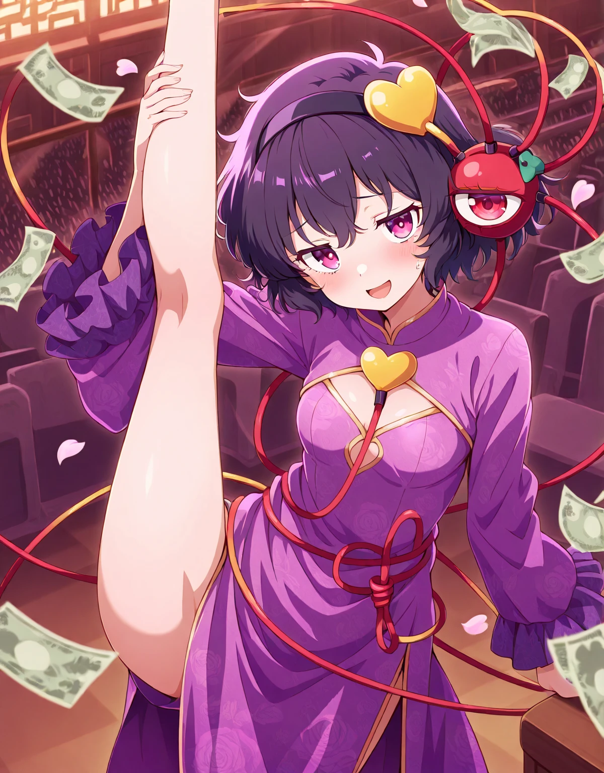 score_9, score_8_up, score_7_up, ASCII masterpiece, source_anime, mizuryu_kei BREAK, masterpiece, ((thin waist, wide hips, shuten_douji_\(fate\), small breasts, puffy nipples, shaggy breast )) , makeup, dancing, cleavage, erotic pole-dance, seducative smile, blush, seducative dance, she is seducing the viewer, pole-dancing, ((sexy red lace-panties, topless, )), party, nightclub, nightclub background, money in the air, money inside her panties,