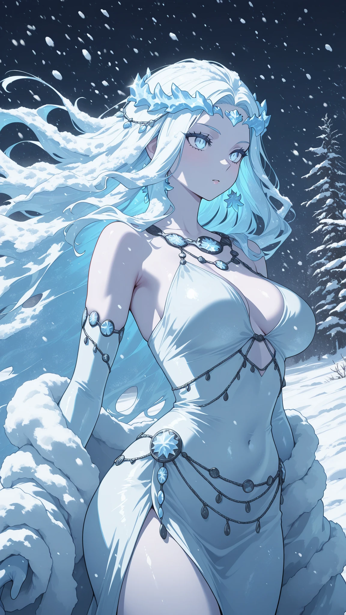 (Paradise in Heaven), White lighting,(muste piece), (best quality), (cinematic), 8K, (art station),(長いwhite hairとSilvery eyesを持つ1人の女), (beautiful delicate face)、[Frozen trees々], [landscape crystal], [lighting], [Ethereal Atmosphere:1.1], [fantasy, short story] ,[soft なlighting] 、(+cinematic shot:1.2)、 [+art station] 、[+luminous white background] 、 [soft glow] 、(Creative and dynamic angles:1.3), [+Crystal Toning] 、muste piece, very detailed, Super detailed, solo, (pale skin), Silvery eyes, white hair, (snow background), (snowflake rosen flower:1.5), (shining crystal), (Snowy ground), (White lashes), sexy woman、dreamy and detailed, Gorgeous setting, 妖しい雰囲気 muste piece, The most beautiful scenes, majestic、(((full of white flowers)))、quiet and serene atmosphere、attractive, all white tones,Inside the crystal library,Transparent flowers and falling snow，Many white roses are planted,(water flowing,waterfall,water bloom),The decoration is also carefully done.,dream（very detailedです，creative design，crisp and precise lines，K HD，best quality，master piece，超High resolution，In 4K）、Diverse poses、((beautiful white flower hair ornament))、beautiful hairstyle、(best quality, In 4K, 8K, High resolution, muste piece:1.2), Super detailed, detailed expression, graceful posture, expressive brush strokes, mysterious atmosphere, artistic interpretation,Delicate floral jewelry， (((Detailed design、Beautiful transparent dress made of thin fabric、Sheer mini dress that shows off your skin)))、(SFW:1.5), (oversized breasts, best body proportions, proportions of large breasts,:1.5)