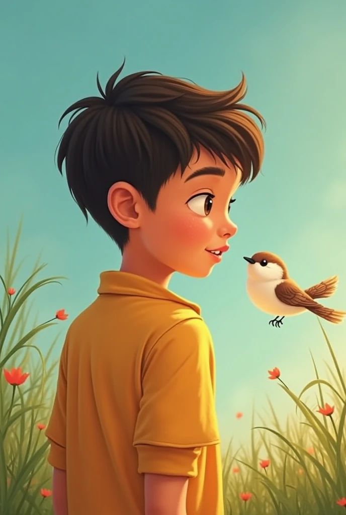 A beautiful smiling child with white skin in a black suit and red tie, brown eyes and curly hair, with a beautiful fabric beret on his head and a cockatiel on his shoulder, in a beautiful forest, winking at us.