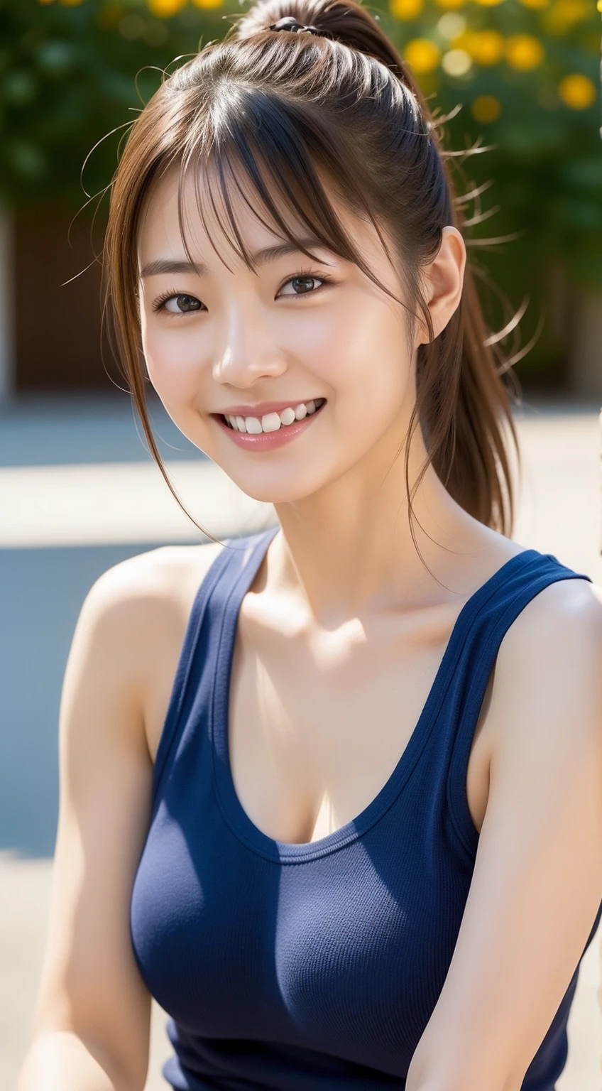 masterpiece、Highest quality, Ultra-high resolution、8k,photograph、1 girl, (Skin dents), (Large Breasts:1.5), bright, Blurred Background, (Flower Hair Ornaments,Braided top knot,Twisted Side Part Ponytail Braided Headband,Half Up、Braided Space Van,Voluminous fishtail braid,Twisted pan),(Asymmetrical bangs)、(Loose fitting blouse)、(Loose chest)、(Sunburn marks on chest)、(Deep cleavage)、(soft, drooping udder)、(The best smile that makes people happy)、(Her big, round, upturned eyes are super cute)、grassland、Spring Sky、Soft sunlight