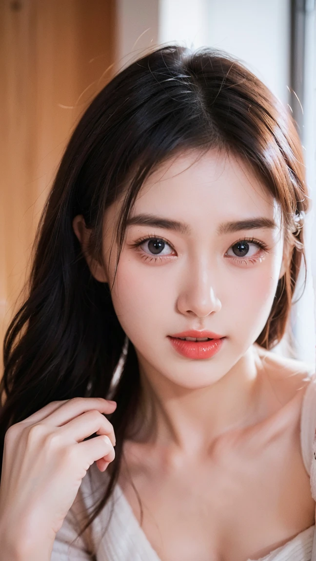 (8K, RAW Photos, Highest quality,masterpiece:1.2),One beautiful girl,(Small breasts),ＶNeck sweater,Beautiful face,Mature woman,Realistic Face,Ultra-realistic,Exposed cleavage,(night:1.3),(Dark Background:1.3),Sexy Face,detailed,超detailed.looking at the camera,(Close-up of face),Beautiful Light,extreme_close_up,I'm feeling ecstasy,(hand on own chin:1.2),smile,be happy,Showing teeth