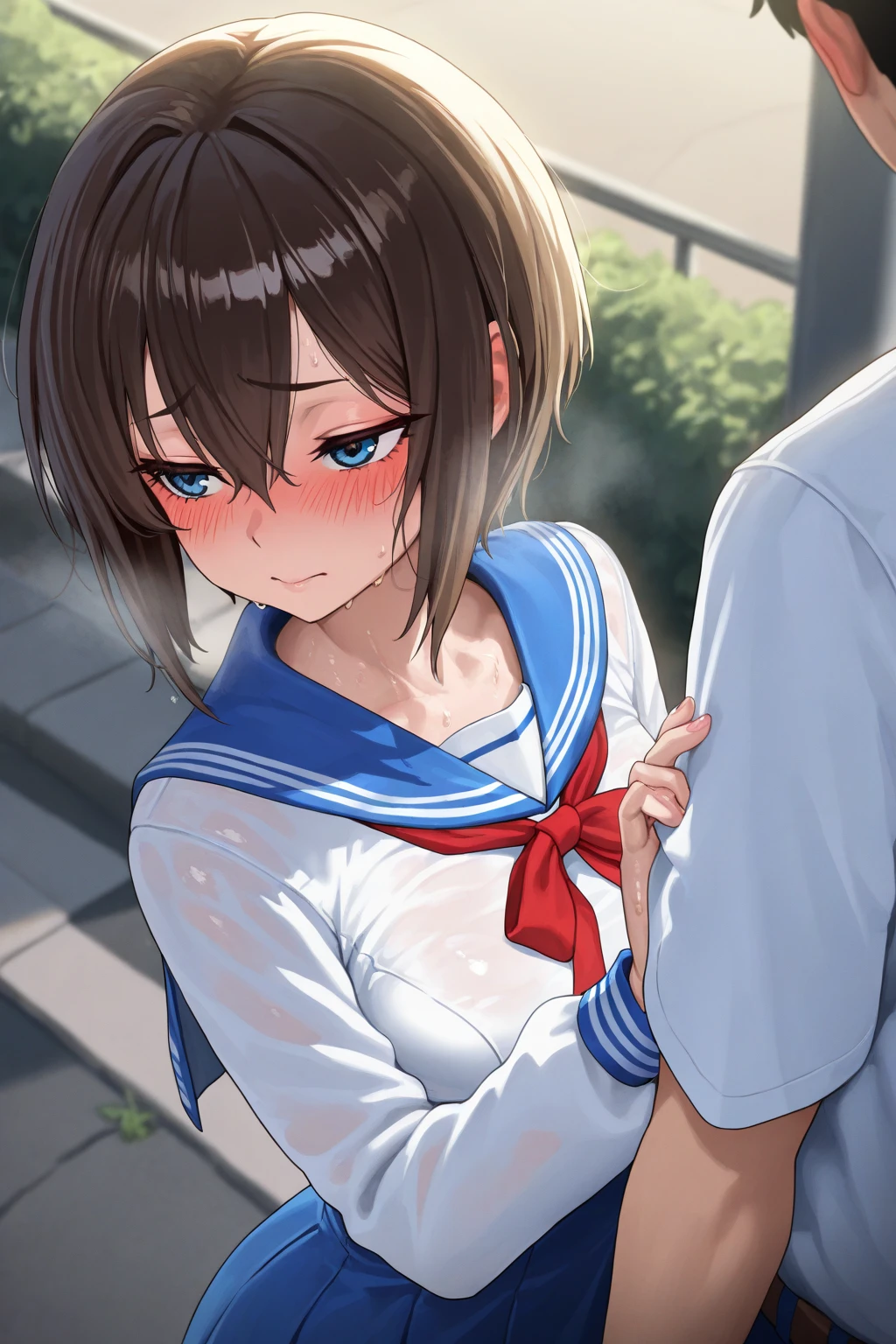 score_9, score_8_up, score_7_up, source_anime, best quality, masterpiece, official art, absurdres, highres, ultra-detailed,waifu2x,Collection: Serious Beauty,break,1girl, very short hair, pixie cut, breasts, beautiful detailed eyes, expressionless, school_uniform, underwear, bra, navel, sweat, (nipple:0.6), saliva, (yawn:0.5),penis, twitching penis, oral sex, felatio, cum, motion lines,projectile cum, facial, bukkake, hot breath, sound effects,indoors, school locker room,Narrow space, break,(clear line illustration:1.2), super detailed skin,very high resolution, very aesthetic, Best sexual lighting powered by famous artist, 8k, beauty illustration,photoshop_(medium),,(Detailed Lighting),best anime 8k konachan wallpaper, pixiv contest winner, artist:clamp ,artist:carnelian ,artist:kantoku ,