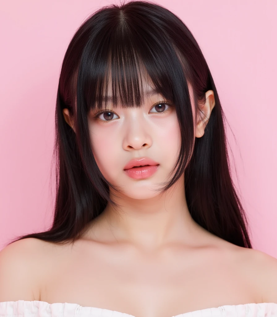 Korean ulzzang girl with long black hair with bangs. He wears a white crop top and red shorts.. Beautiful ulzzang girl with gothic style, soft face and pale skin. Ulzzang girl with dark eyes and button nose. 