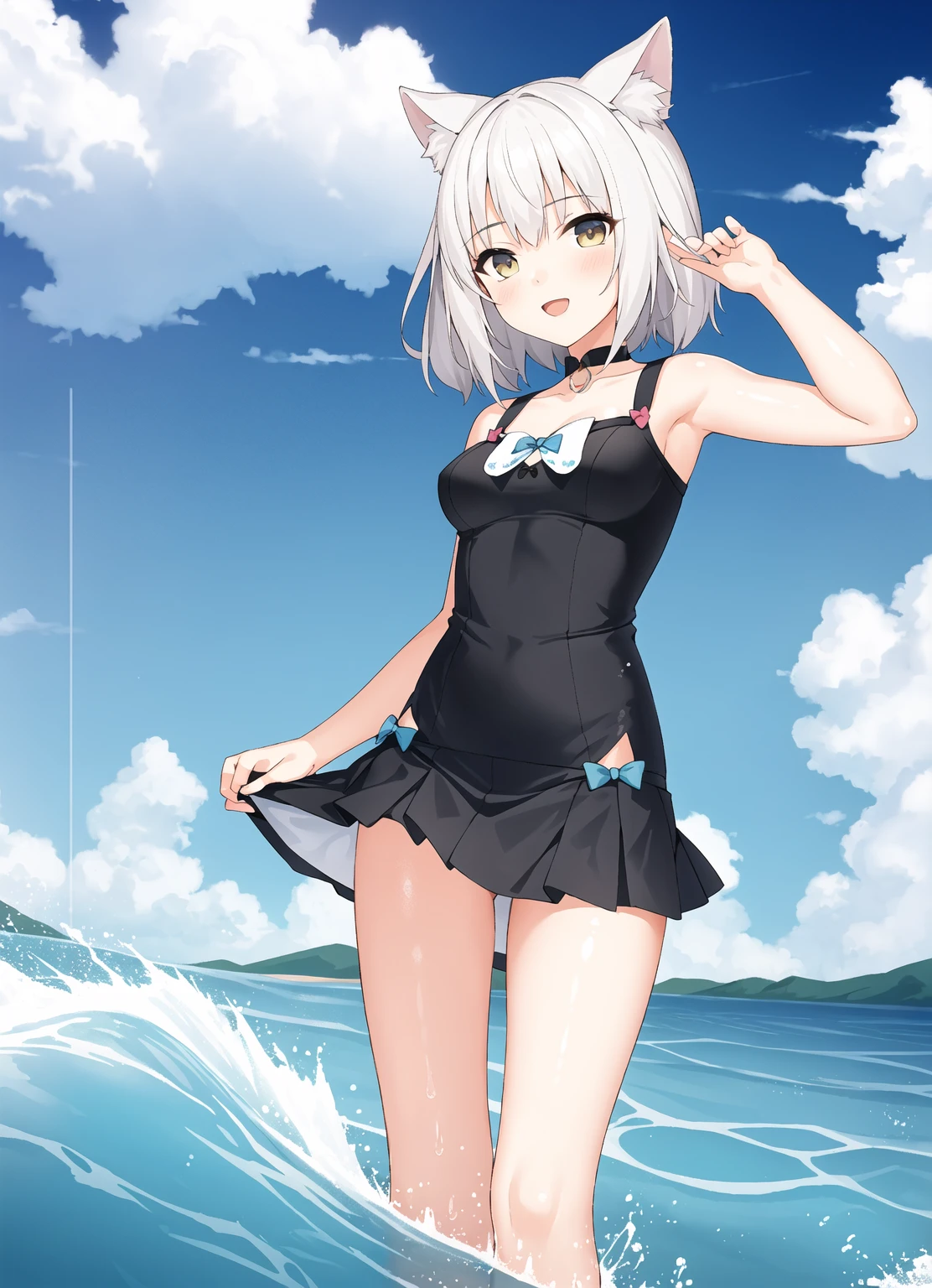 1girle,Lori, oceans,The bikini,urine,mew,flat-chested,White hair,high quailty,high res,Dull hair,Blue eyes,Animal ears