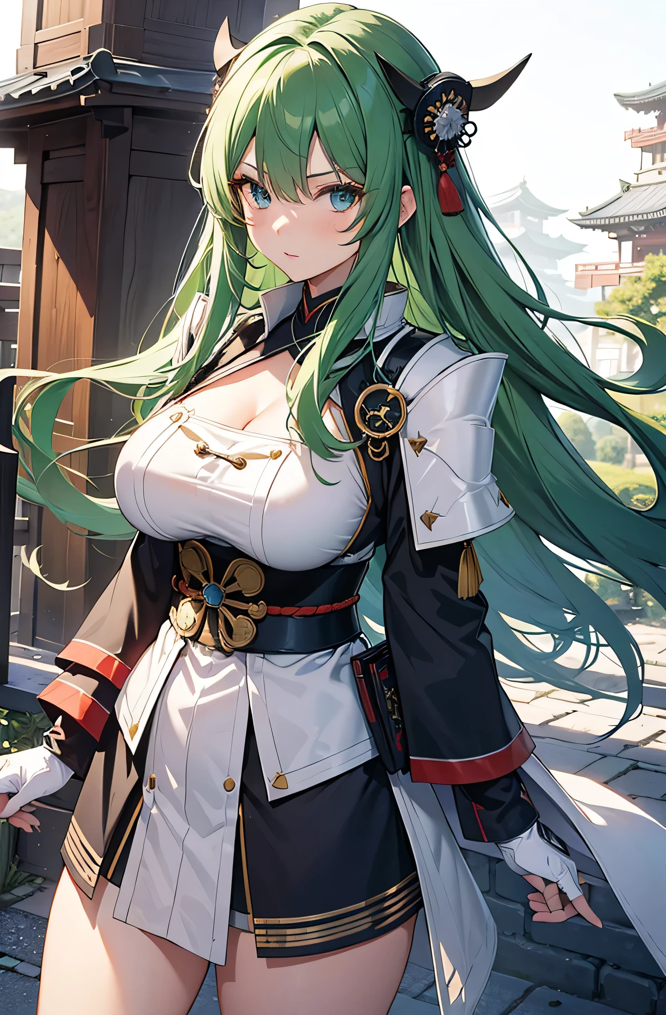 1girl, green hair, green eyes, big boobs, mecha samurai armor, katanas, dual, slash, leaf petals effect, wind effect