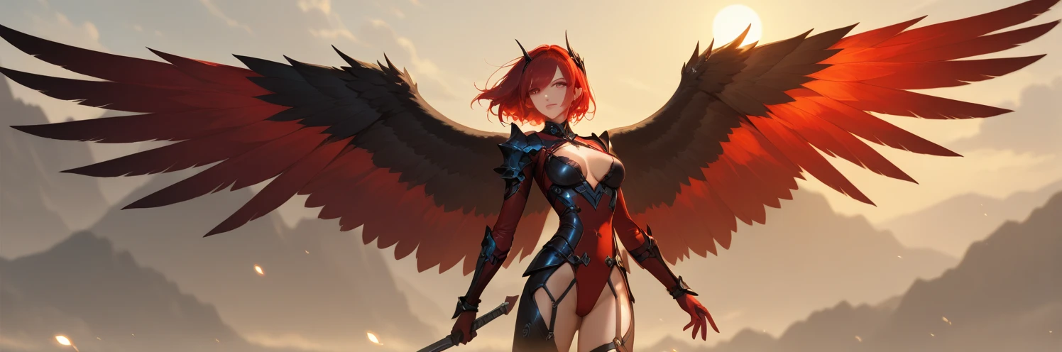 red evil fallen angel sexy with firewings in apocaliptic city in hell --auto
