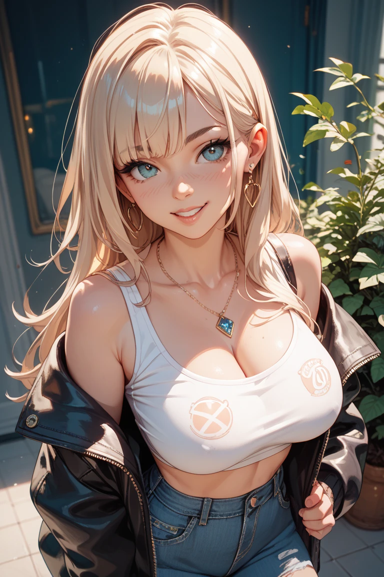 (((a close up on a face))), 1girl, masterpiece, best quality, ultra-detailed, beautiful detailed, (((extremely detailed face))), white hair, (((long hair))), (wavy curly hair), (((choppy layers))), (((white shirt))), ((huge breasts)), nipples, showing cleavage, ((street)), (looking down at viewer), (grin), (huge chest), (piercing jewelry), (choker)