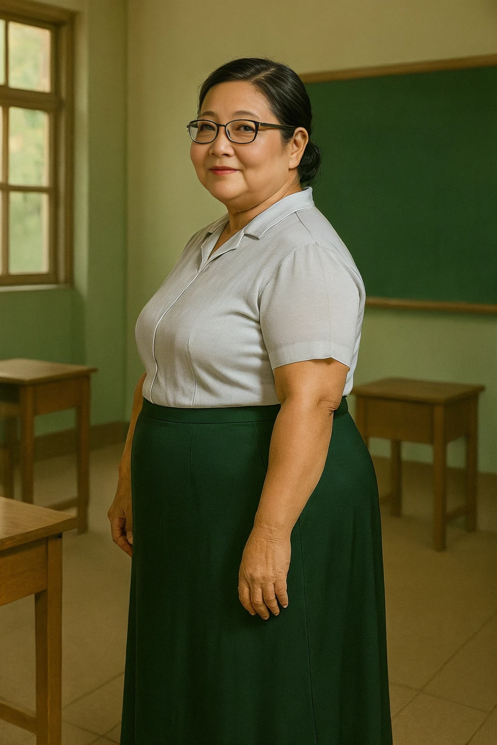 (RAW photo, natural lighting) Indian woman wearing school uniform (school uniform, black jacket, collared shirt, white shirt, neck ribbon, grey skirt, black socks, footwear), 20 years old, (chubby cheeks:1.2), (curvy body:1.3), (eyeglasses), (bindi), An Indian beauty, charismatic, fair Indian-skin, view the viewer, naughty smile, luxurious villa in the background, (detailed  features), (realistic:1.37)