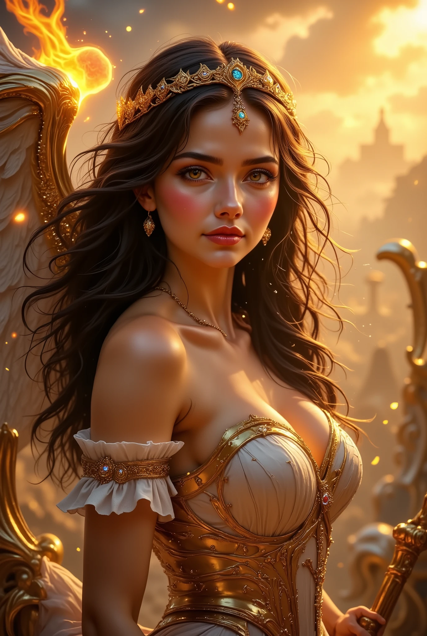 The Valorous Goddess of Passion, Lies Basking in the Golden Sun on Olympus, Where the Clouds of Paradise Envelop her, She's Just a Symbol of Admiration and Passion, she is Fire in the eyes of love, masterpiece, of high-quality detail, clearly,