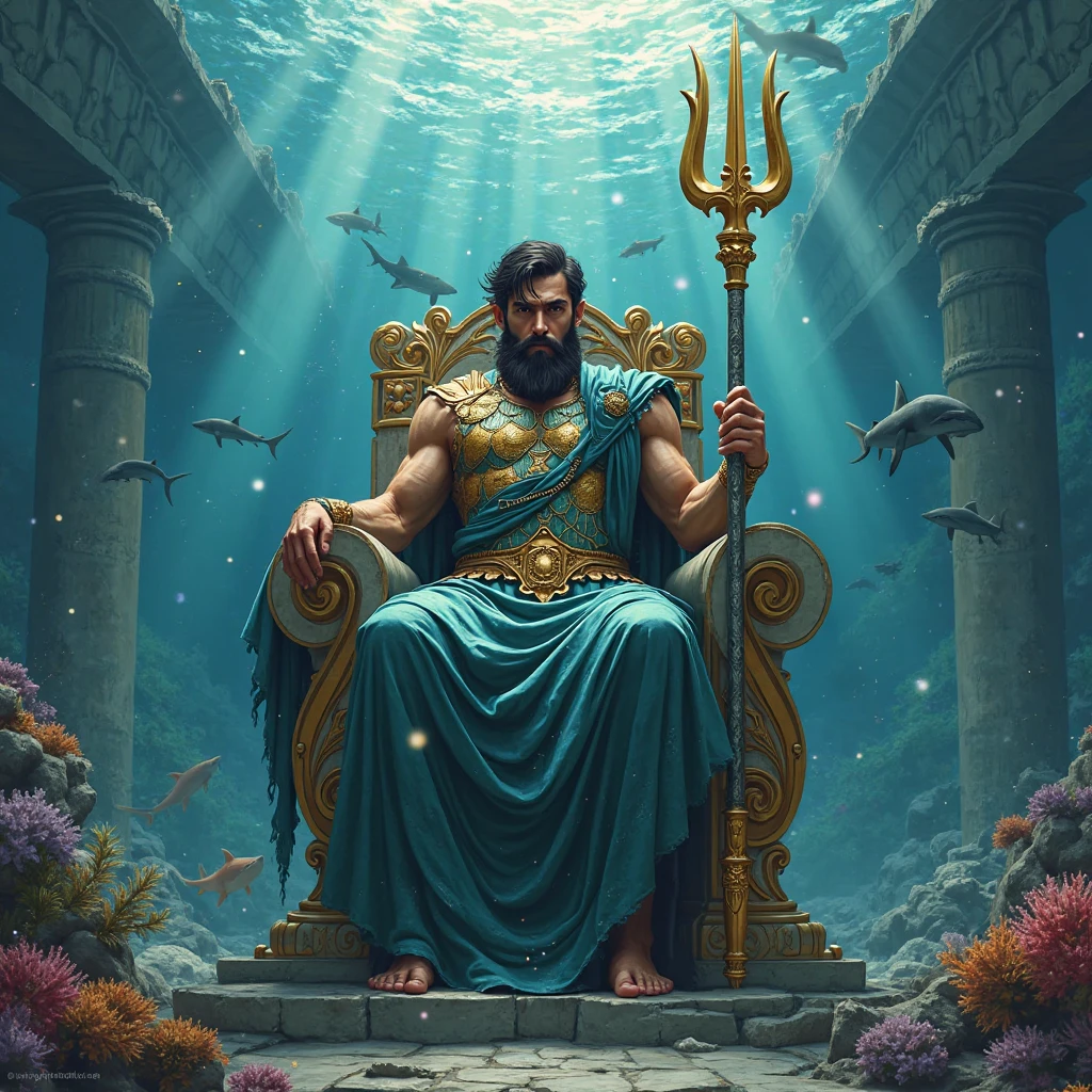 percy jackson, 14years boy, the sea throne of atlantis, the Poseidon's Trident in his hand, underwater, a simple crown on his head, shirtless, greek clothes

