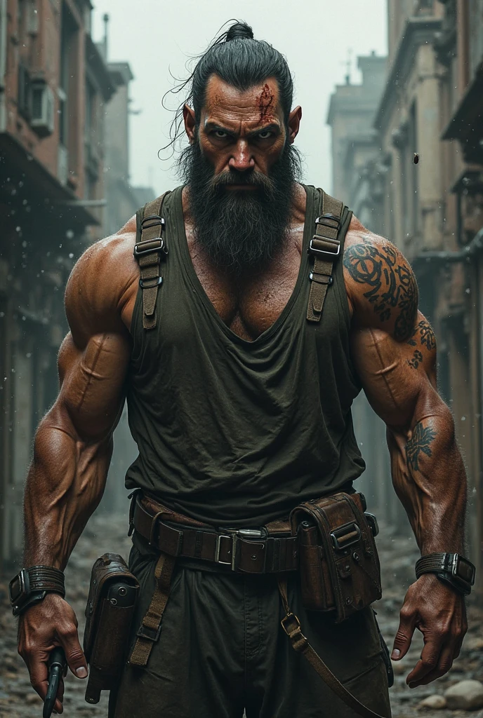 cyberpunk 2077 Man With cybernetic implants in his head and eyes, Serious face, muscular bearded, with a sledgehammer and several scars, Hairy, dirty alley