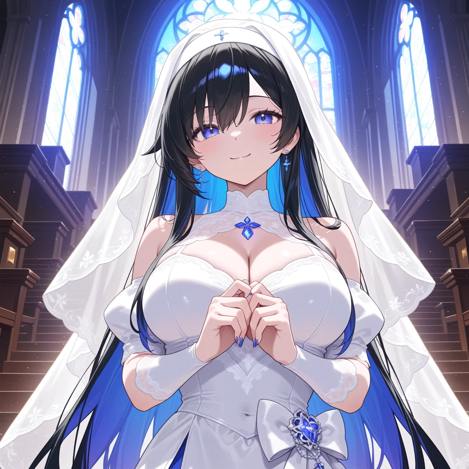 ((The best image quality、the best、1 girl、Drawing in detail))、
Black Hair、Long Hair、Straight hair、Long Hair、Hair spread from side to side、Long back hair、Curly hair ends、
Yellow Eyes、Active facial expression、Large Breasts、smile、Laugh with your mouth open、blush、Embarrassing、
Veil、Wedding dress、Cleavage、Holding a bouquet、tiara、Exposed thighs、
Stained glass、chapel、church、wedding、Are standing、