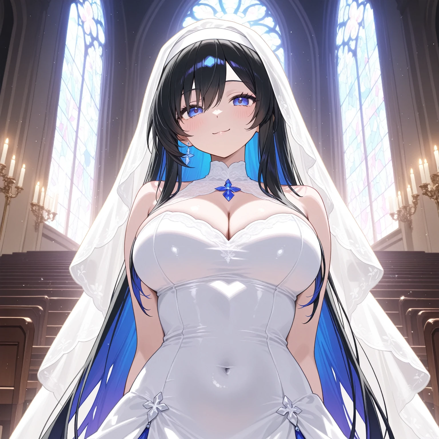 (1girl), himejima_akeno, black hair, ponytail, ((very long hair)), ribbon,), huge tits, purple Flowers, in a wedding dress, church, bridal veil,