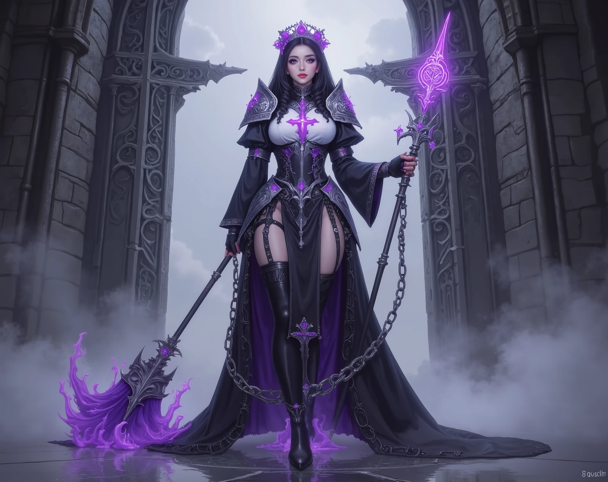 stunning vampire woman age of 30 years, standing near her throne, glowing purple eyes, black  hair, crown on the head, she has glass with skulls in one hand and sword in the other hand. From her look alone enemies starting to panic. She is dressed in the leather. She is smiling, you could see her fangs. Realistic, 8k