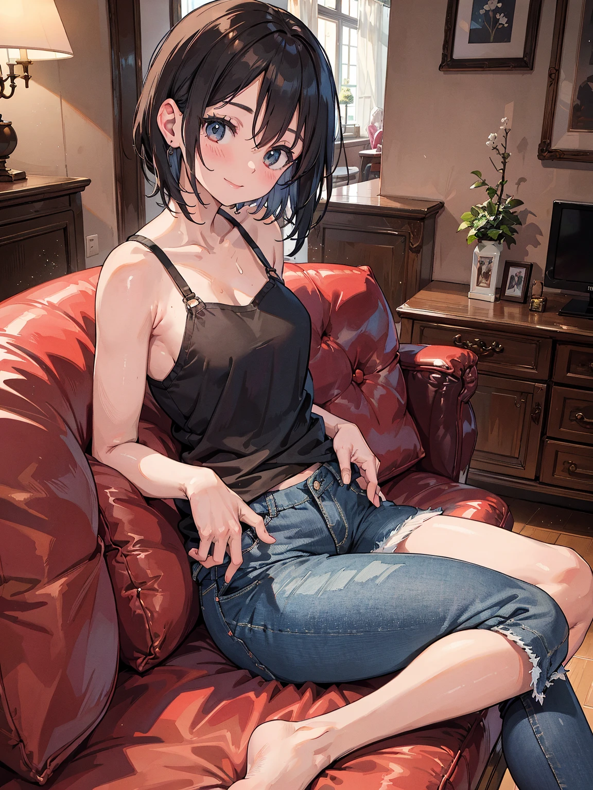 (full body), ((big tits)), RAW photo, extremely delicate and beautiful, masterpiece, Best Quality, ultra high resolution, 32k, hyperrealistic, ultra-detailed, detailed description, pale skin, in her 20s, medium hair, black hair, tearful mole, earring, t-shirt, tank top, Hot Pants,