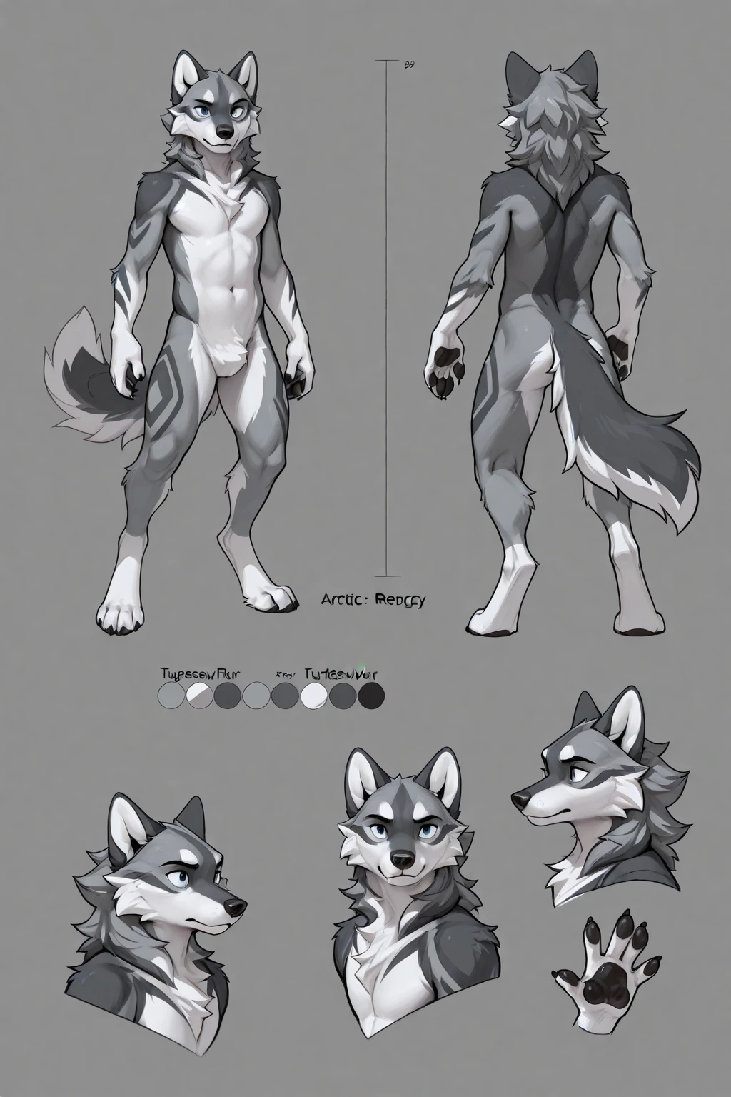 Solo, male, furry art, furry grey wolf, fursona, (((grey primary fur))), white secondary, (perky ears), reference sheet, amazing simple art, masterfully executed, beautiful background, normal body, paws hands, cool pose.